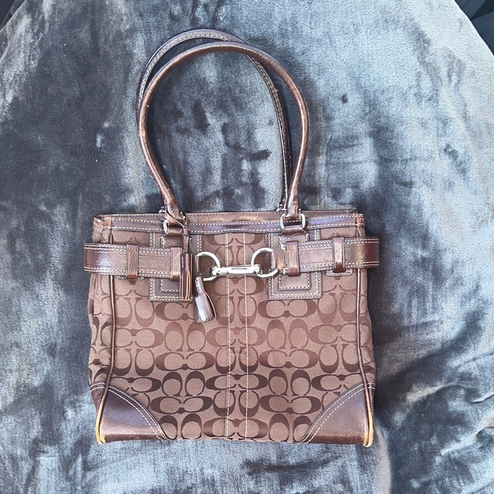 Coach brown signature canvas with leather details handbag silver hardware